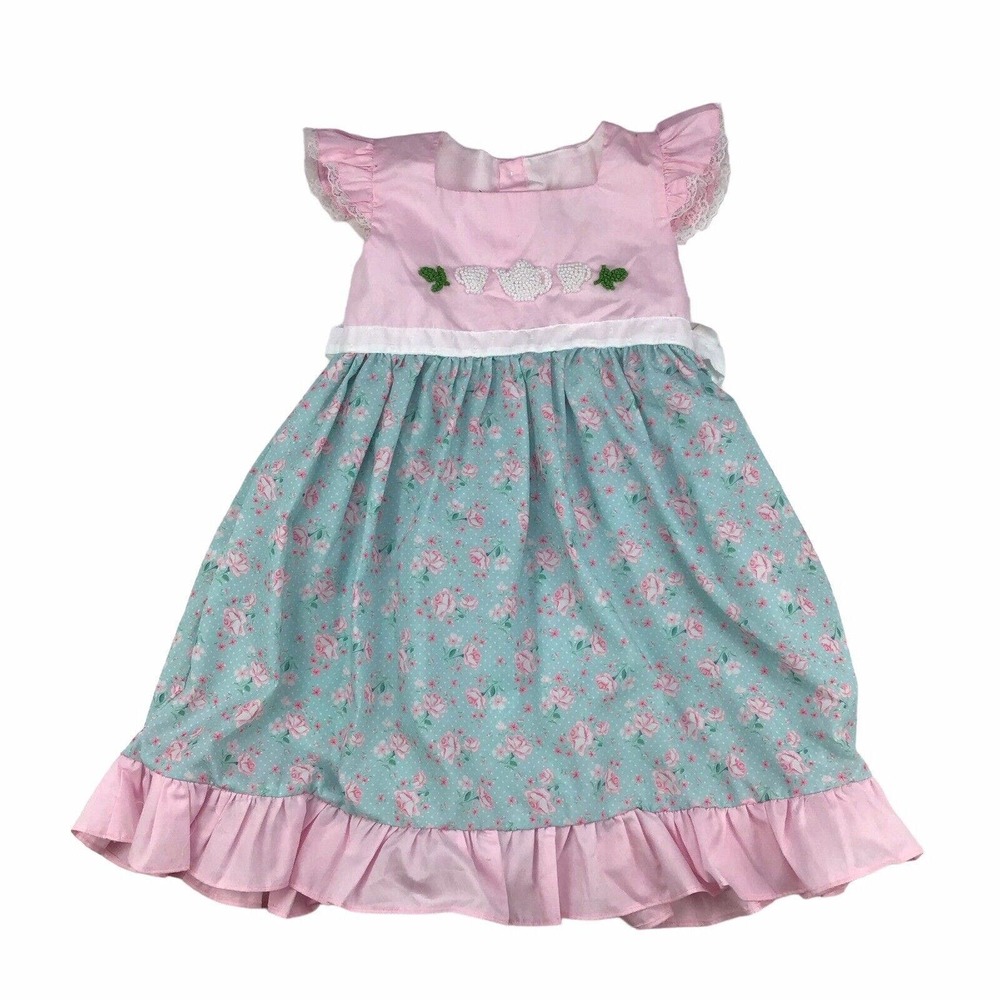 Sugar Dumplin Boutique Dress Tea Party Pink & Blue Floral Girls 5T Cotton Blend